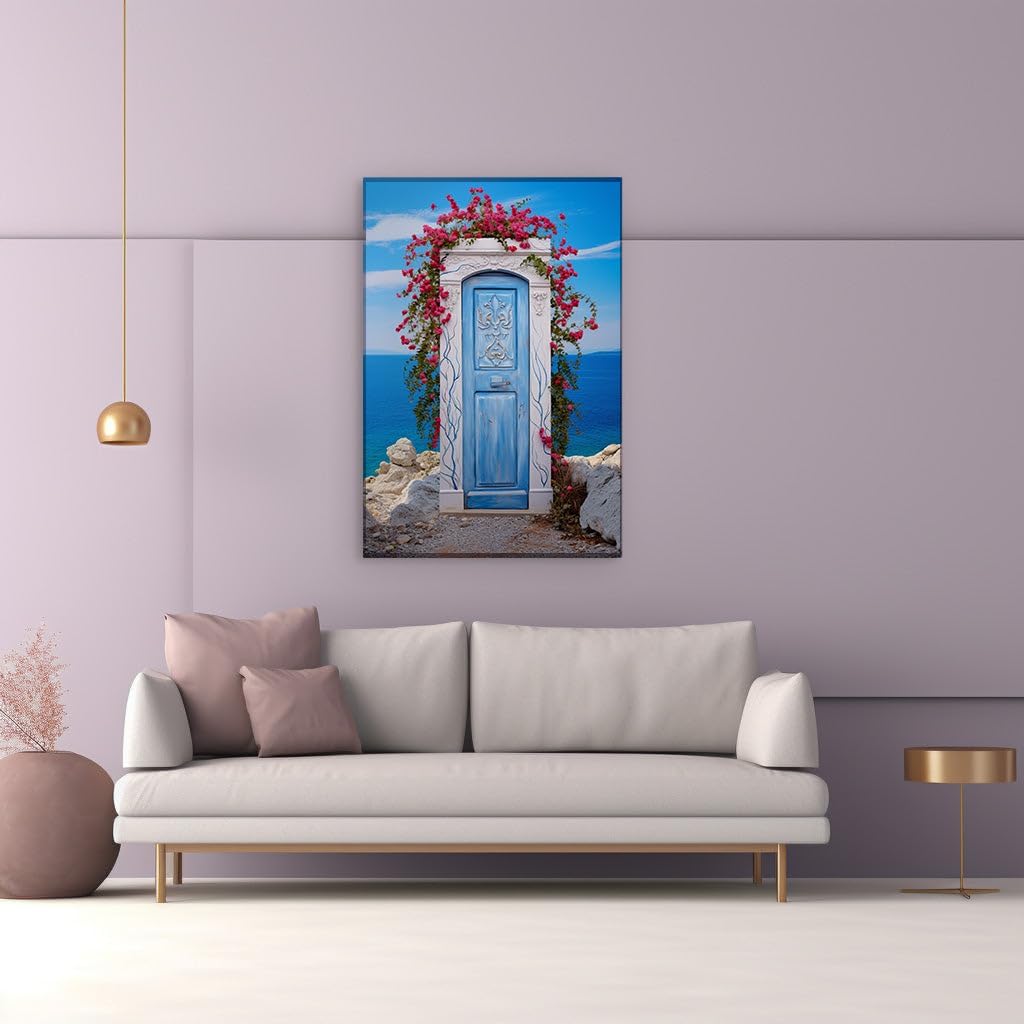 Canvas for Living room. Opening to Serenity: A Coastal Haven Framed by Florals and Blue Hues, 27 x 18 inch Canvas Wall Art - Contemporary Masterpieces - Botanical Home Decor