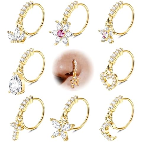 JOERICA 8 Pcs 20G Dangle Nose Rings Hoops for Women Butterfly Heart Moon Flower Cross CZ Dangle Nose Rings Cartilage Earring Dangling Nose Piercing Jewelry Cover