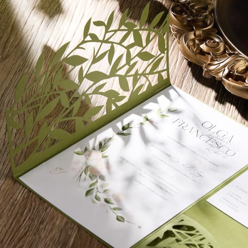 Invitaciones de boda verde oliva cortadas con láser para personalizar impresiones de fiesta 4