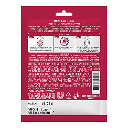 Image of Lakme Blush & Glow Pomegranate Sheet Mask, 20 ml