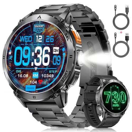 LIGE Militär Smartwatch Herren mit LED-Licht,1,62' AMOLED HD Smartwatch mit Telefonfunktion,Fitnessuhr,Schwarze Uhr mit 110+ Sportmodi,Herz-/Schlaftracking,IP68 wasserdicht sportuhr für iOS/Android