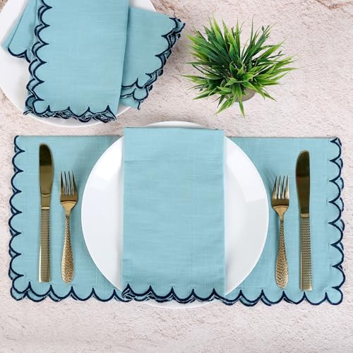 Image of FINGERCRAFT Scallop Edge Cloth Napkins | Set of 6 | 20x20 Inches | 100% Cotton | Table Napkins for Any Occasion | Washable, Perfect for Parties and Everyday Use (Aqua Slub, Set of 6)