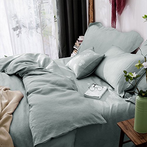 Merryfeel Linen Duvet Cover Set,100% French Linen Duvet Cover Set,Luxury Bedding Set- Full/Queen - Aqua - Thumbnail 5