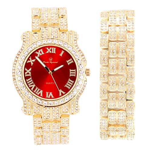 Bling-ed Out Round Luxury Mens Watch with Color Dial and Bling Bling Diamond Time Indicators w/Bling-ed Out Matching Bracelet - L0504DXB (Roman Blood Red Gold)