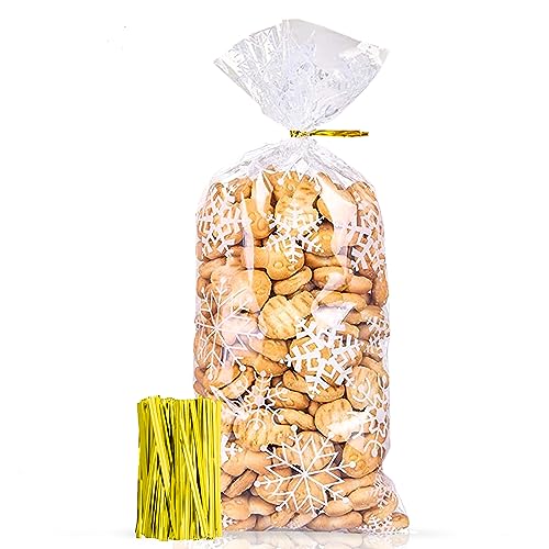 100 bolsas de golosinas navideñas, bolsas de embalaje navideño, bolsas de galletas de navidad, bolsas Goody para galletas con 100 lazos de torsión (Blanco)