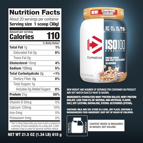 Image of Dymatize ISO100 Whey Protein Powder Isolate, Cinnamon Cereal, 25g of Protein, 5.5g BCAAs, Less Than 120 Cal., Gluten Free, 1g Fat, 1g Sugar, 2g Carb (20 Servings)