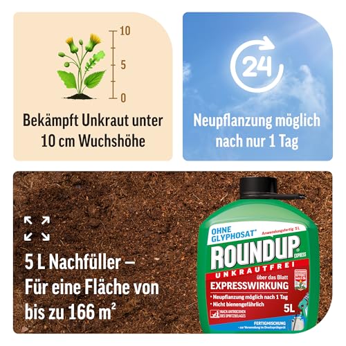 Roundup Unkrautfrei Express, 5 Liter Nachfüll-Kanister, Fertigmischung zur Bekämpfung von Unkräutern und Gräsern