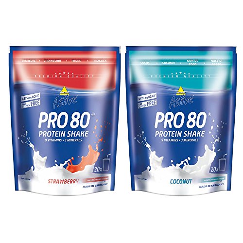 Inko Active Protein Shake pro 80 Beutel, 2 gemischte Packungen (1 x 500 g Erdbeere und 1 x 500 g Kokosnuss)