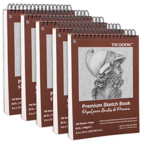 TKOOFN 9" x 12" Sketch Book, 5 Pack Top Spiral Bound Premium Sketchbook (68lb/100gsm), 500 Sheet Total Drawing Pads, Acid-Free Painting Paper for Adults Kids Artists Beginners
