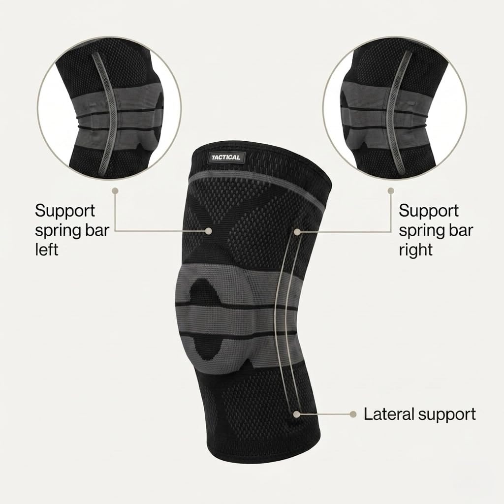 Tactical Fightwear Kniebandage mit Seitenstabilisatoren – Kniestütze mit Gel Padding, Kompression & Anti-Slip – Für Fitness, Laufen, MMA, BJJ und Kickboxen – Unisex – Größe L