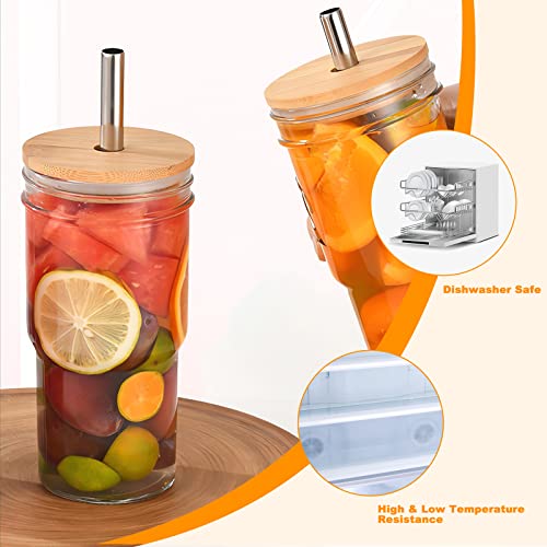 Syouacend 2 Pack 24Oz Glass Tumbler Cup With Bamboo Lid And Straw, Reusable Mason Jar Drinking Glasses Iced Coffee Cup, Wide Mouth Glass Bottle For Bubble Tea, Smoothies, Juice, With 2 Cleaning Brush #TOP4