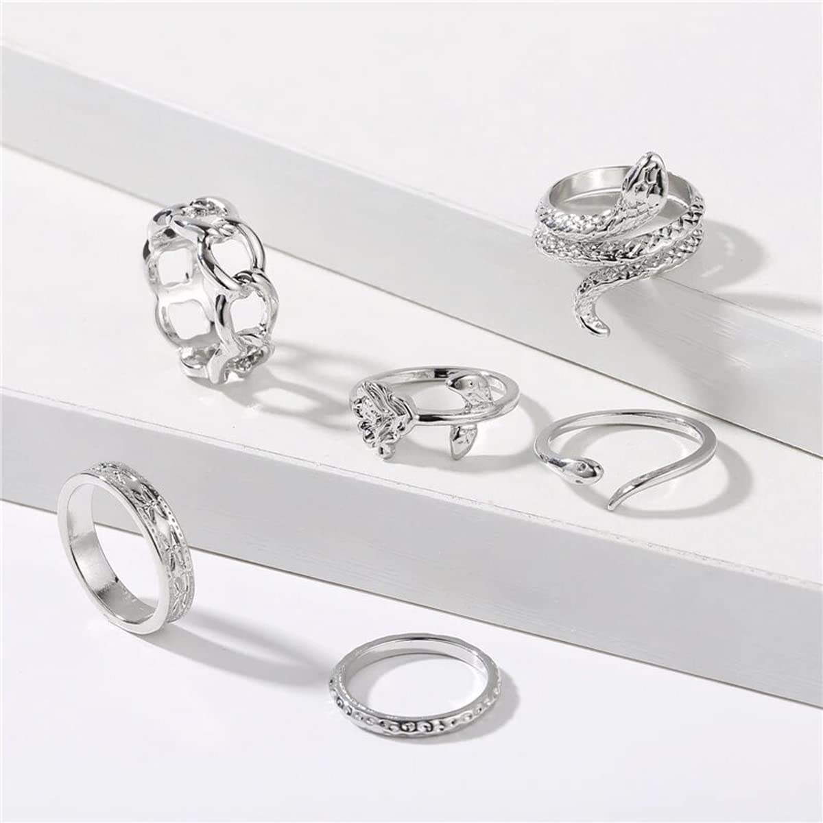 Stackable Rings Set - 5 pcs Silver Band Ring Set