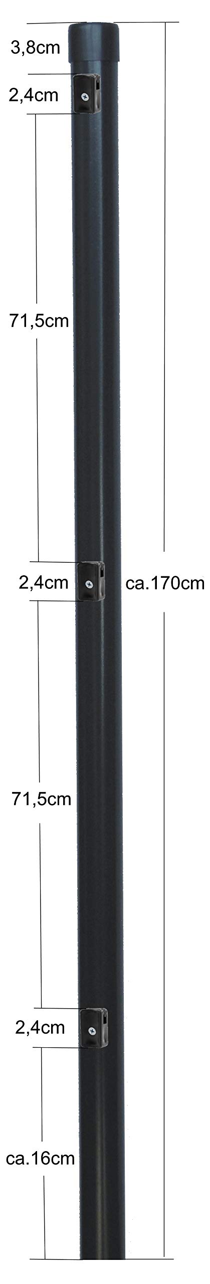 5 Stück Zaunpfosten Ø 34 mm Zaunpfahl 1700mm lang als Pfosten für 1,5m hohen Metallzaun aus Maschendraht in grau anthrazit RAL 7016. Zaunpfahl mit 3 Halter für Spanndraht und Pfosten Kappe.