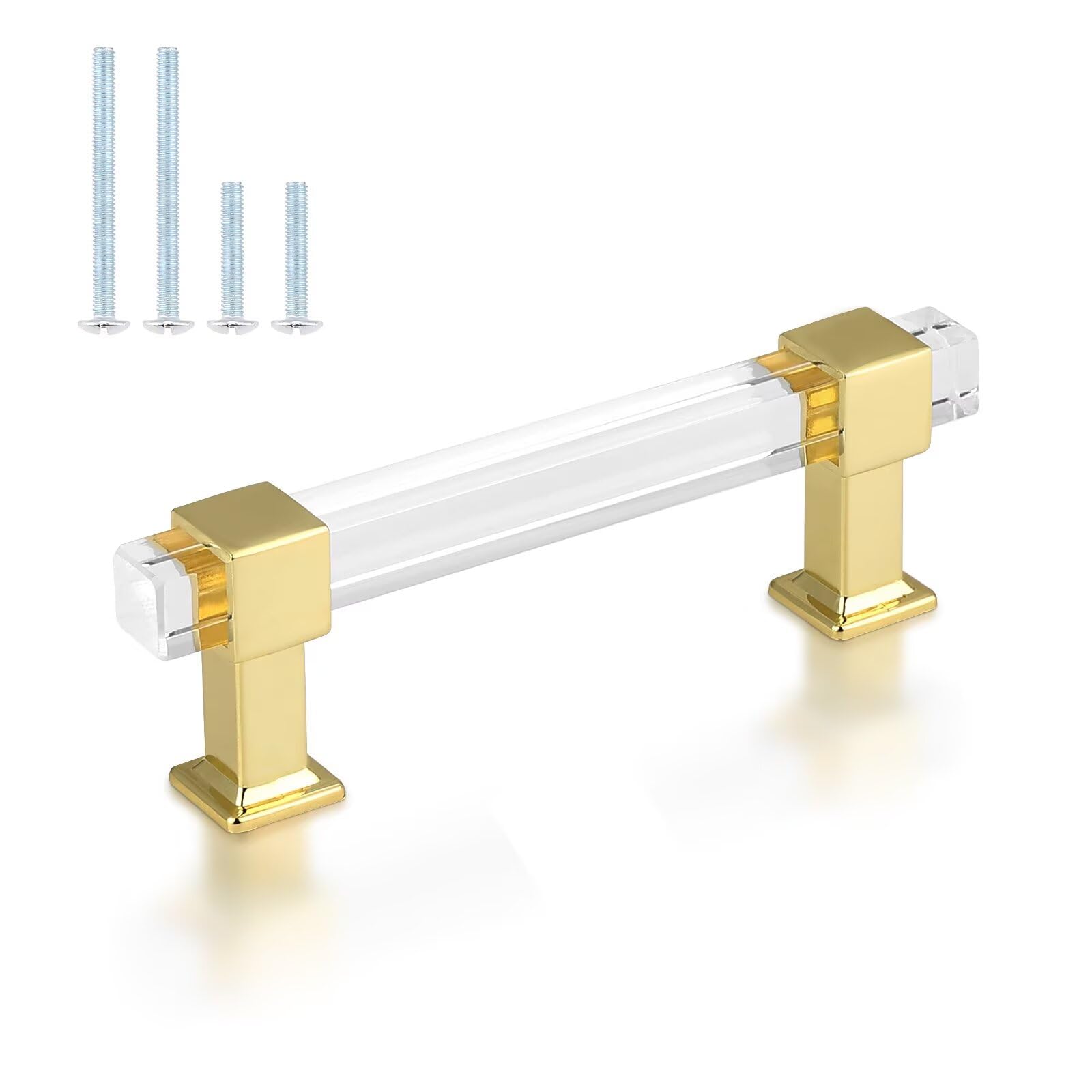 knobelite 3-1/2 Inch Hole Center Adjustable Cabinet Pulls 30 Pack, Square Drawer Pulls with Gold Zinc Alloy Base and Clear Arcylic Tube, Kitchen and