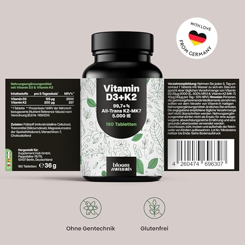 Vitamin D3 K2 5000 IE hochdosiert – 180 Tabletten – Premium 99,7+% All-Trans K2-MK7 – produziert in Deutschland Laborgeprüft - Verpackung kann variieren