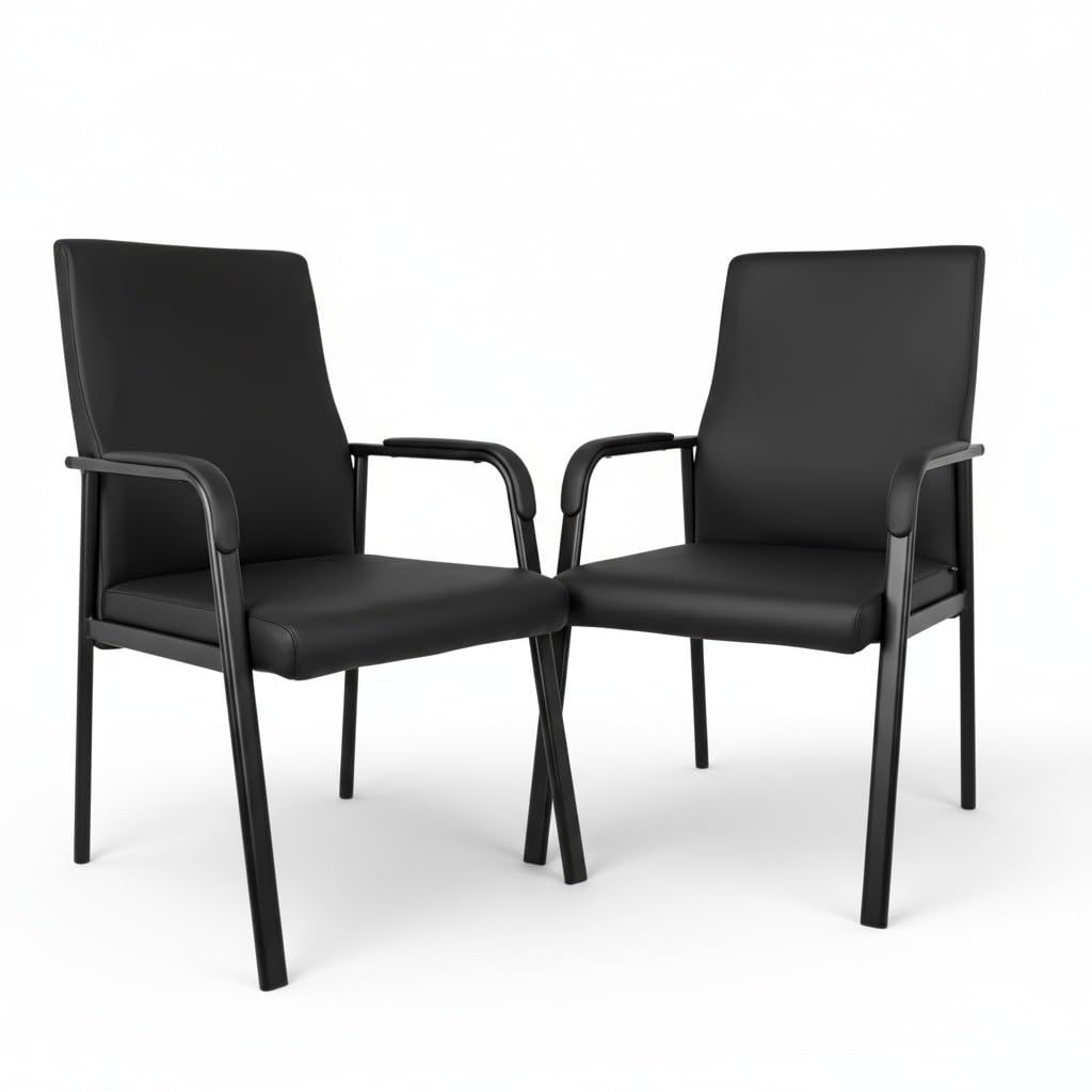 Leather Office Guest Chair, Guest Conference Room Chair, 600 LBS Capacity High Back Reception Chair with Padded Armrests, No Wheels, Black - 2 Pack