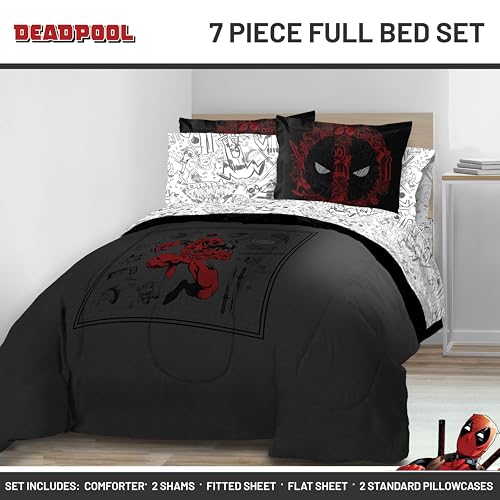 Image of Marvel Deadpool Full Comforter Set 7 Piece Soft Bedding for Boys, Gray | Bed in a Bag, Comforter Sheets Shams Pillowcases, Official Product, Soft Microfiber, Machine Washable, Boys Gift