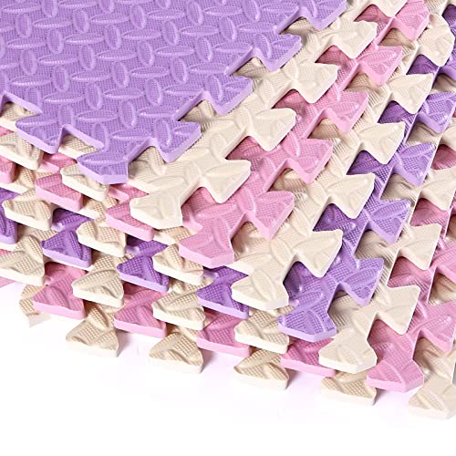 Tamiplay 16 Tiles Foam 0.4 Inch Thicked Interlocking Floor Mats With Solid Colors, Squares Baby Play Mat, Eva Foam Puzzle Foam Mats For Kids, Baby, Toddlers(Pink/Beige/Purple) #TOP2