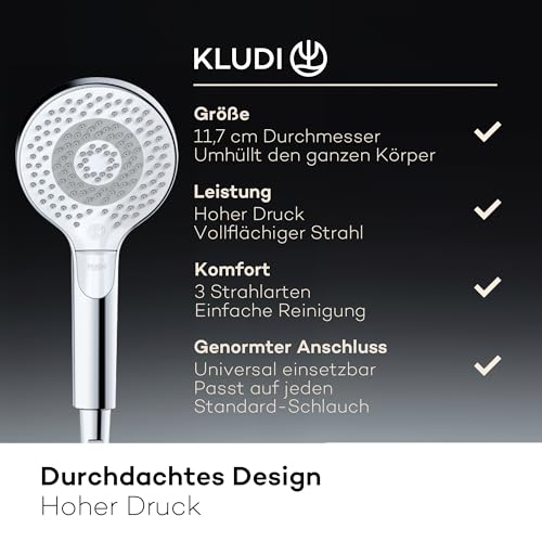 KLUDI-X3 Universal Duschkopf wassersparend als Option, Duschbrause mit 3 Strahlarten (Body, Hair, Skin), reinigungsfreundlicher Brausekopf Ø 11,7 cm, Shower Head, Chrom