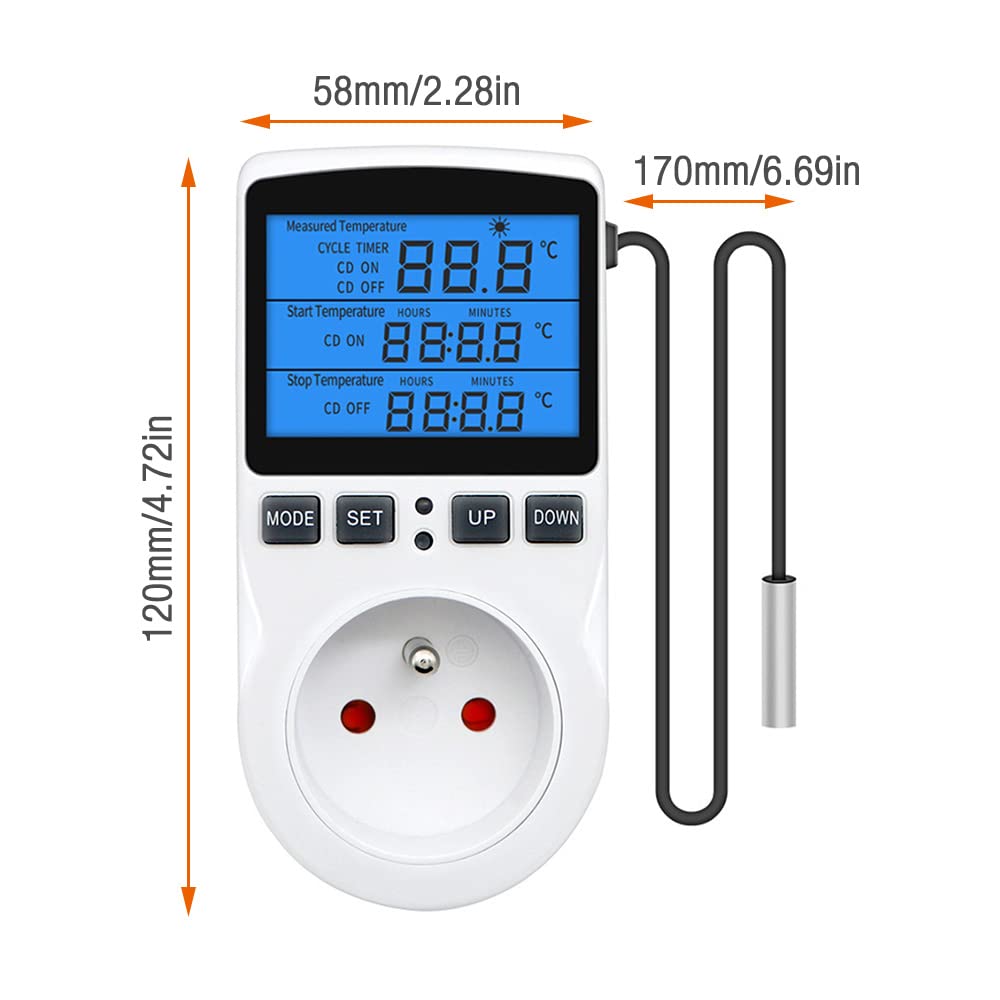 Thermostat Prise 220V pour Terrarium, avec Sonde, Régulateur de Température Numérique pour Chauffage et Refroidissement (Lumière Bleue)