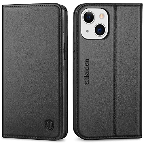 SHIELDON Hülle für iPhone 13 Mini Handyhülle [Erstklassiges Echtleder] [Schützt vor Stoß] [Kartenfach] [Magnet] [Standfunktion], TPU Schutzhülle Lederhülle Kompatibel mit iPhone 13 Mini 5,4 Schwarz Cover