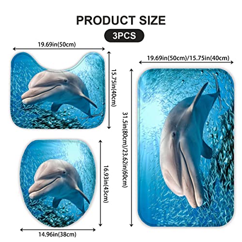 Badematte Meerestiere,Delfine Badematten Set rutschfest Waschbar Badgarnitur 3teilig - WC Deckelbezug U-förmigen Contour… – Bild 3