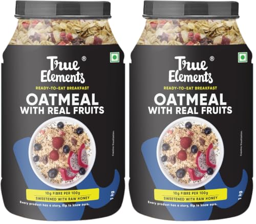 Image of True Elements Whole Oatmeal 1kg - Overnight Oats | Breakfast Food | Healthy Diet | Oatmeal for Breakfast | Oats with Chia Seeds, Dry Fruits and Nuts | 9.8g Protein (Pack of 2)
