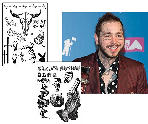 Rapper Inspired Temporary Tattoos, 2x A4 Sheets of Post Style Fake Face & Neck Tattoos