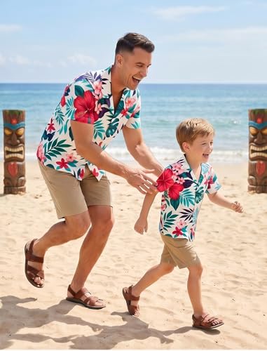 Image of AWIBMK Hawaiian Family Matching Outfits Mother Daughter Tropical Dresses Father Son Shirts for Beach Vacation Luau Party