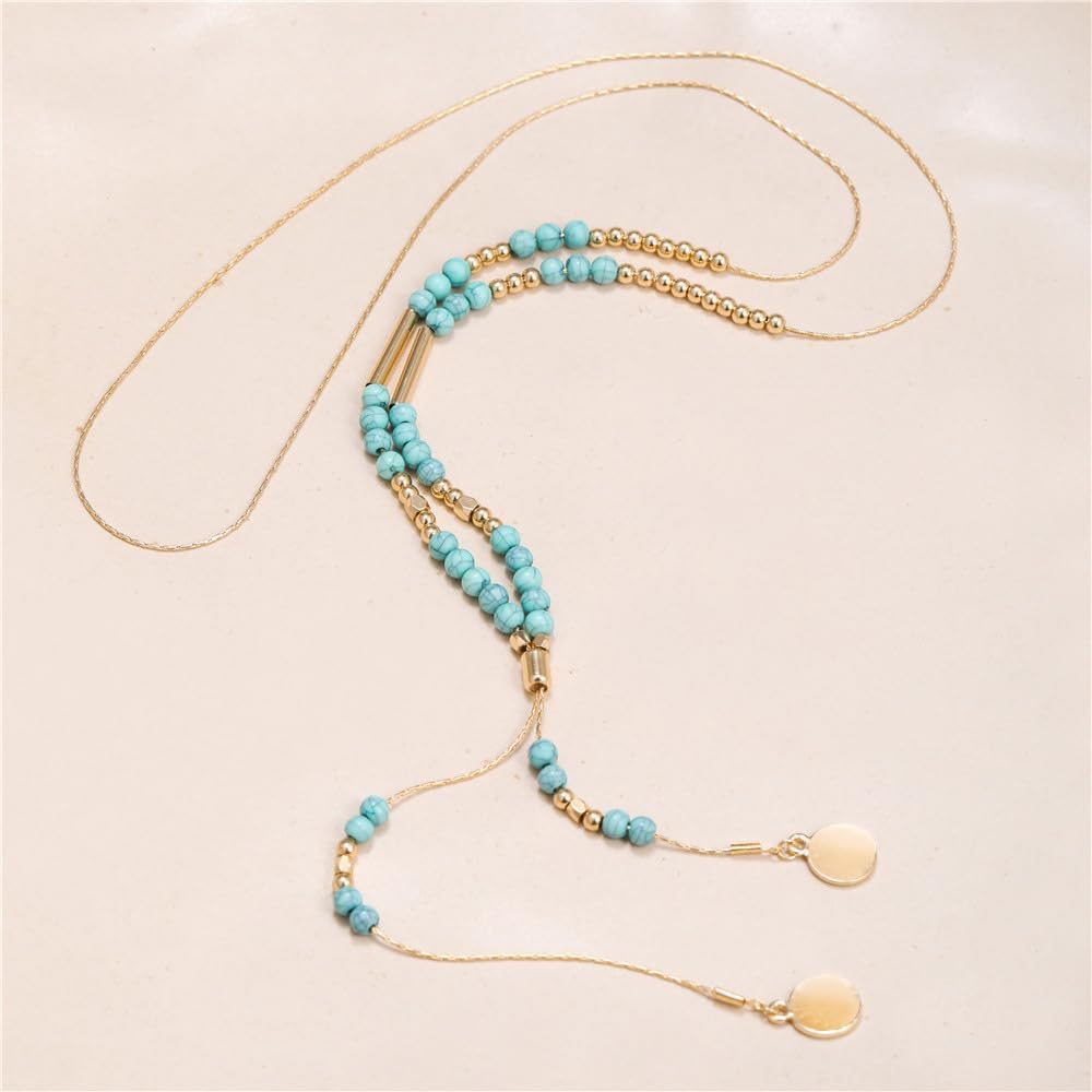 Turquoise Beaded Lariat Y Necklace for Women Long Adjustable Bohemian Handmade Sweater Chain Round Disc Pendant Necklaces Boho Western Cowgirls Retro Natural Gemstone Jewelry Gifts - Image 3