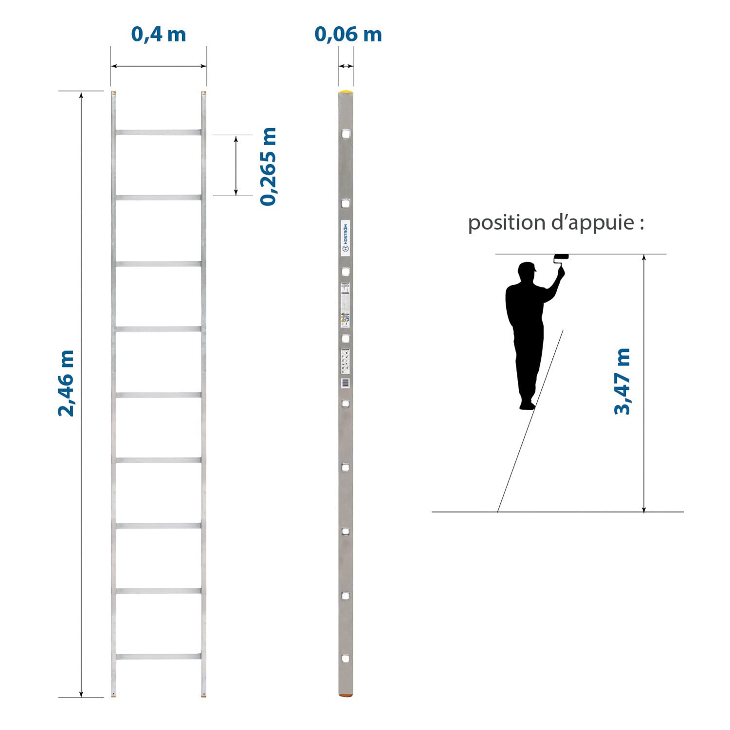 HOSTRÖM Echelle Simple StablePro 9 marches en Aluminium, légère et Durable, Hauteur de Travail maximale 3,47m, Garantie 5 Ans, Charge maximale 150kg