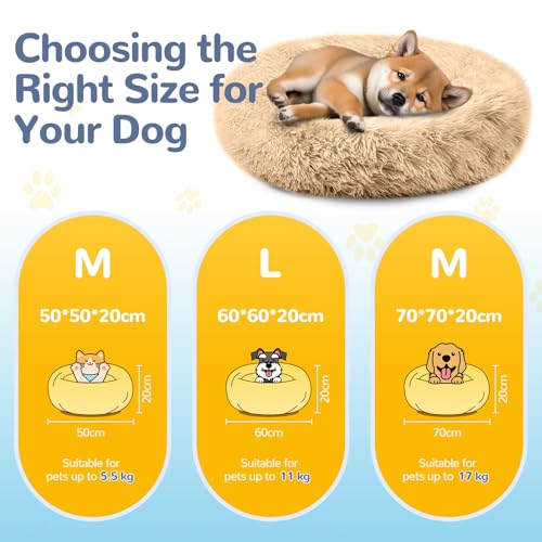 LUOJINYI Hundebett Flauschig, Hundekissen Rund Haustierbett Donut Katzenbett Waschbar mit rutschfestem Boden für große, mittelgroße & kleine Hunde, 60 cm, Kamel