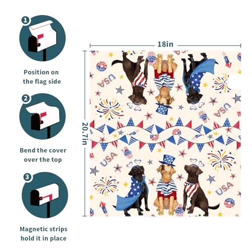 Image of 21 inchx18 inch Patriotic Dogs Mailbox Cover Magnetic 4th of July Puppy Waterproof Mailbox Wrap Independence Day USA Stars Letter Post Cover Standard Size for Garden Yard Outdoor Decor