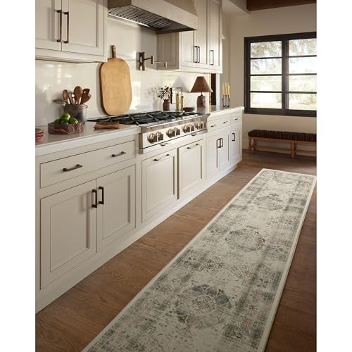 RUGGABLE Washable Vintage Runner Rug – Sarrah Sage 2.5x10, Stain-Resistant, Non-Slip Hallway Runner with Cushioned Pad – Machine Washable Rug for Hallway, Entryway, Living Room & Kitchen
