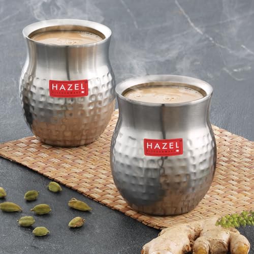 Image of HAZEL Double Wall Stainless Steel Kullad Set of 2 | Hammered Finish Tea & Coffee Cups | 150 ML | 6 cm Diameter