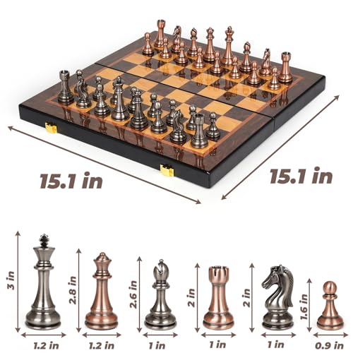 Set de ajedrez metalizado y tablero de madera 15" miniatura 6