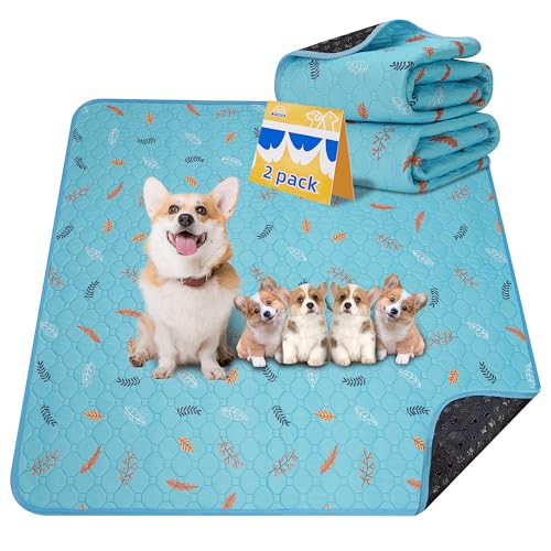 Image of Sunheir Washable Pee Pads for Dogs 2-Pack Reusable Puppy Pads Pet Training Pads, Waterproof Dog Pee Pads for Crate, Whelping Pad, Non-Slip Protects Against Urine Leakage (Leaves - Sky Blue, 31x36)