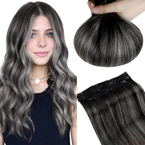 RUNATURE Clip in Human Hair Extensions Real Hair Ombre Black to Silver Clip in Hair Extensions Remy Human Hair Balayage Clip in Extensions Natural Hair 14 Inch 50g