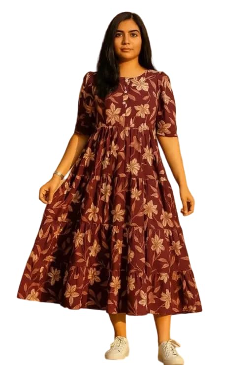 Image of Women's Round Neck Floral Block Printed Elbow Sleeves Front Button Detailing Layered and Tiered Hem Kurti Gown