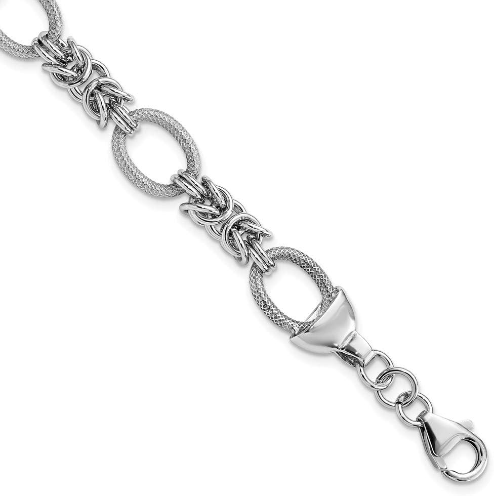 Chain Necklace White Sterling Silver bracelet Fancy Link, 7.5 in Polished & Textured Rhodium-plated Link