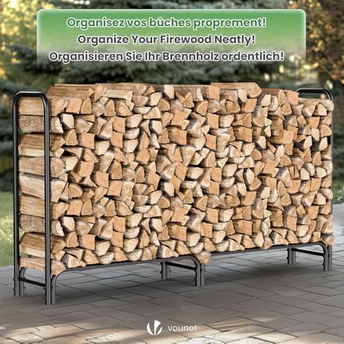 VOUNOT Kaminholzregal Aussen Metall, Brennholzregal Außen, Feuerholzregal Outdoor mit wasserdichte Abdeckung, 200 x 116 x 36 cm, Schwarz