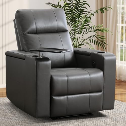 ANJ Home Theater Seating Power Recliner with Hidden Arm Storage Single Faux Leather Recliners with Tray Table Electric Movie Reclining Chairs with USB Ports & Cup Holders for Media Room Grey