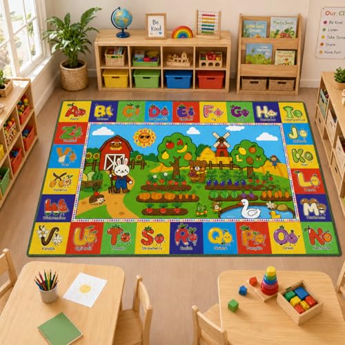 Upgrade Ultra Non Slip ABC Rugs for Kids Playroom, 5x8 Large Washable Alphabet Floor Mat for Toddlers, Educational Farm Animal Baby Carpet for Nursery, Classroom & Bedroom, 60"x96"