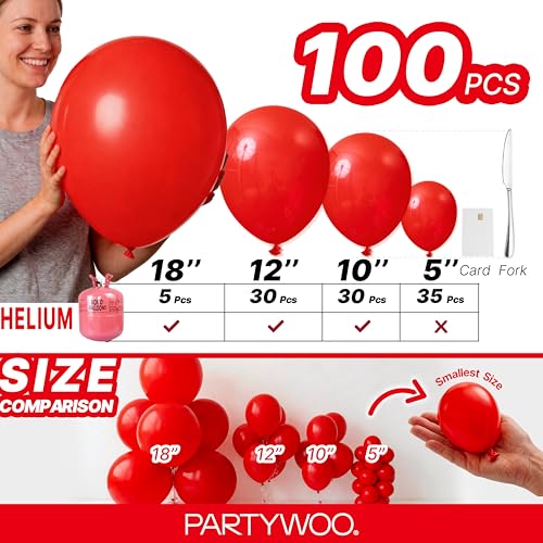 Image of PartyWoo Red Balloons, 100 pcs Red Balloon Pack of 18 inch 12 inch 10 inch 5 inch for Red Balloon Garland Arch Kit Birthday Christmas Proposal Wedding Anniversary
