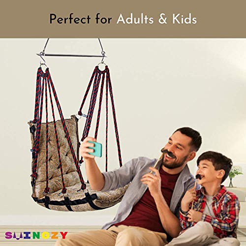 Image of SWINGZY Cotton Make In India, Single Seater Soft Leather Velvet Hanging Swing For Adults,Swing For Indoor /Outdoor, Home, Balcony & Garden, 200 Kgs Weight Capacity (Beige,Free Hanging Accessories)