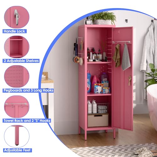 Image of SUPEER Pink Metal Locker with Lock, Pegboards and 5 Hooks, 54.45 inch H | 15 inchW x 15 inchD steel locker with keyed lock, 2 door pegboards, 5 hooks, ventilation openings and required assembly.