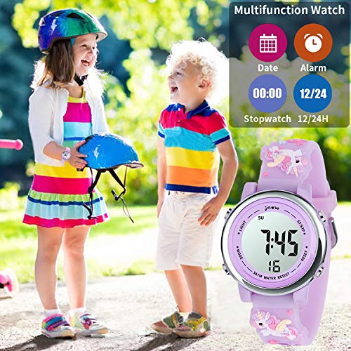 Kids Watch 3D Cartoon Toddler Wrist Digital Watch Waterproof 7 Color Lights with Alarm Stopwatch for 3-10 Year Boys Girls Little Child (Unicorn L-Purple) 7