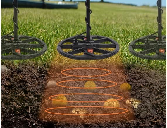 Graphic illustrating a metal detector search coil sweeping over ground, showing detection rings indicating a buried treasure.