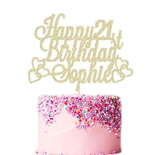 Personalized Happy Birthday Cake Topper | Custom Birthday Cake Decoration with Any Name Any Age 16 18 21 40 60 | Double Sided Glitter Card | Champagne Gold