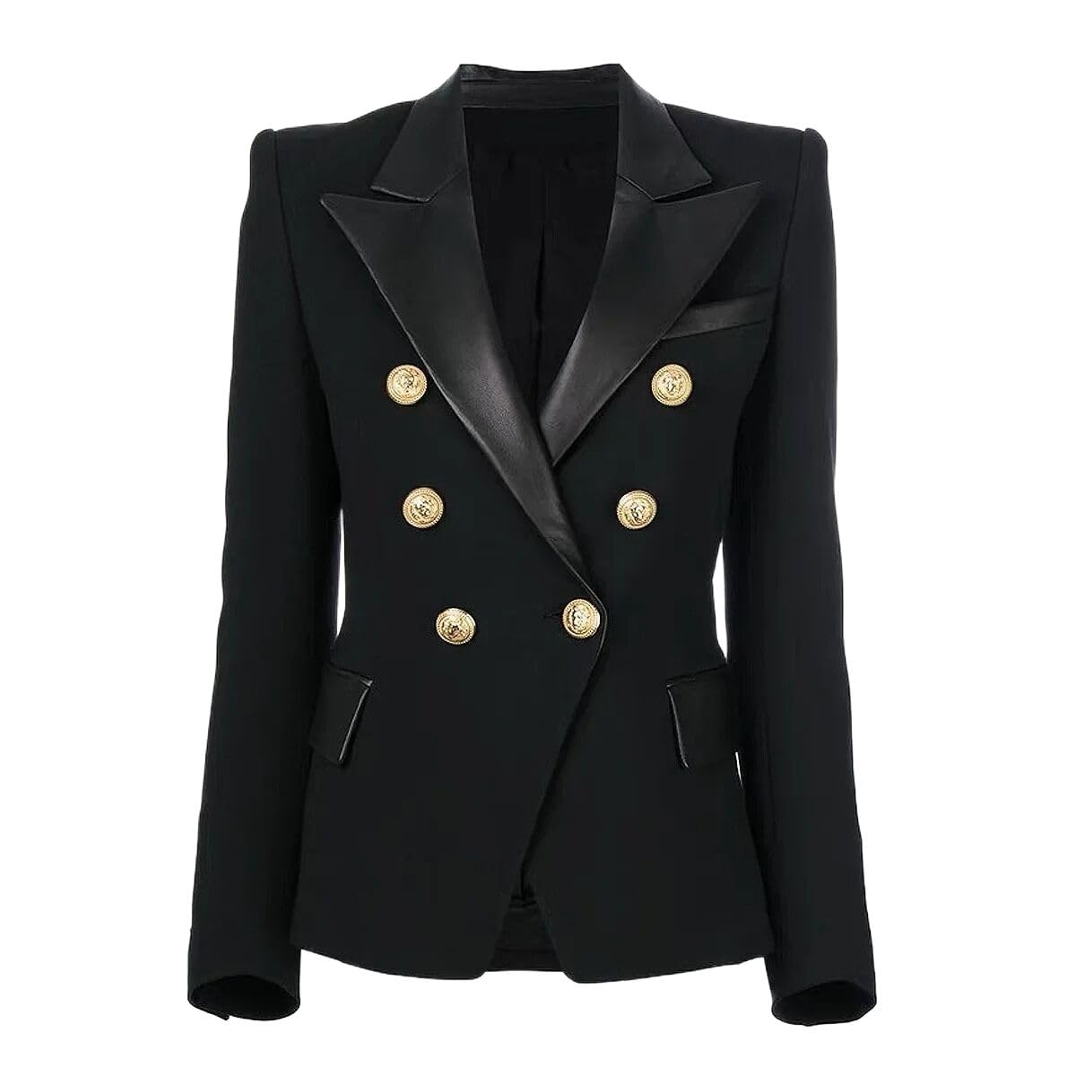 Autumn Winter PU Leather Long Sleeve Lapel Double Breasted Suit Jacket Blazers Women Black L